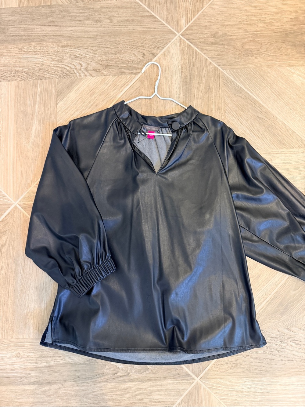 Vince Camuto Black Faux Leather V-Neck Blouse